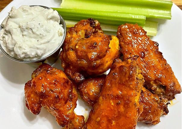 Air Fryer Classic Buffalo Chicken wings with homemade Blue cheese dressing