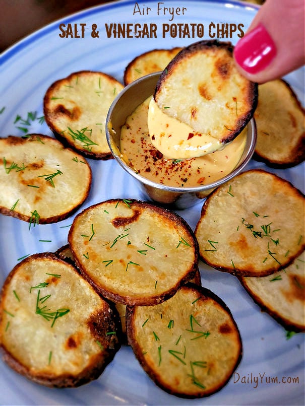 Air fryer crispy potato chips, salt and vinegar