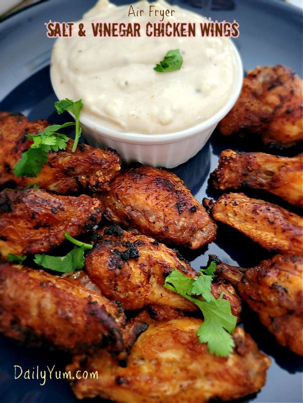 air fryer salt and vinegar chicken wings with homemade blue cheese dressing