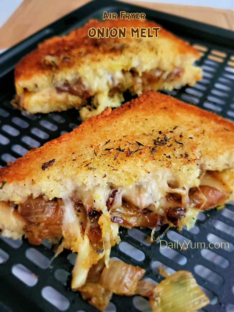 Enjoy the crispy air fryer grilled cheese sandwich, with golden caramelized onions, and unforgettable gooey cheesy goodness