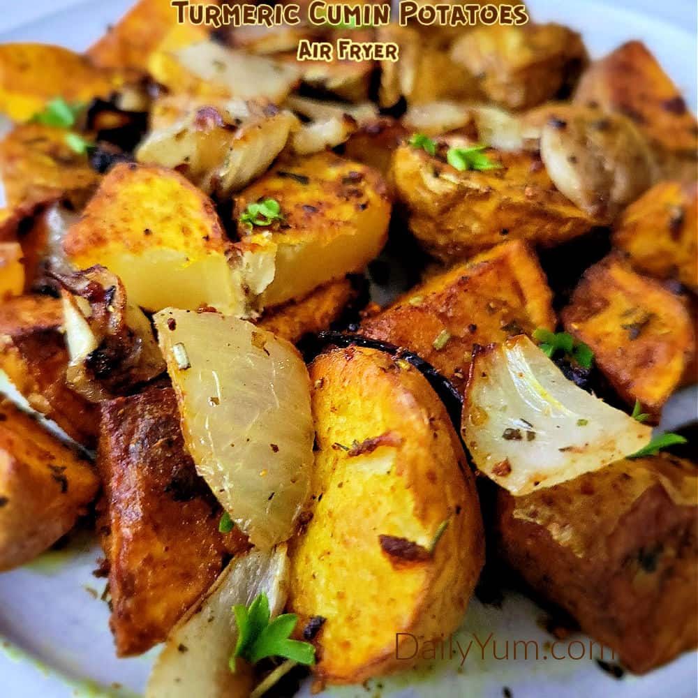 potato bites are roasted with oil with turmeric, cumin and curry in the air fryer