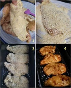 Coating chicken breast cutlets with mayonnaise in preparation for air frying