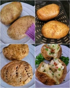 Step-by-step guide showing how to make easy baked potatoes in the air fryer, from preparation to perfectly crispy results