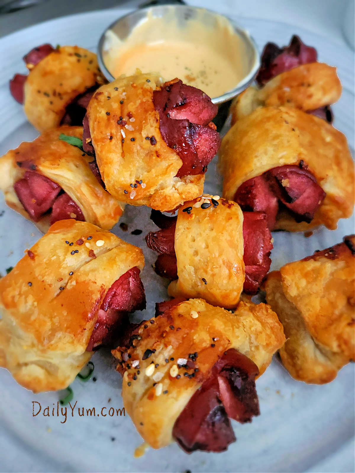 pigs in a blanket (cut up hot dogs), crispy and flaky appetizer, made in air fryer