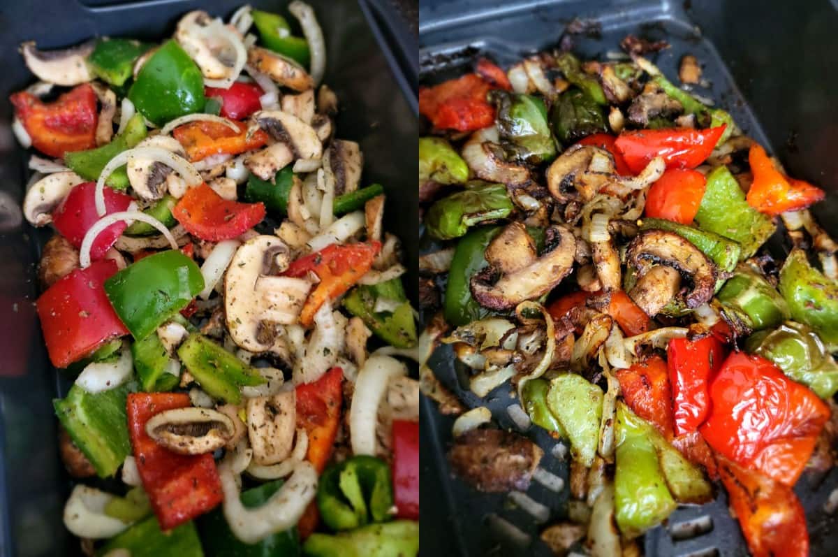 before and after: cooked veggies are reduced in size