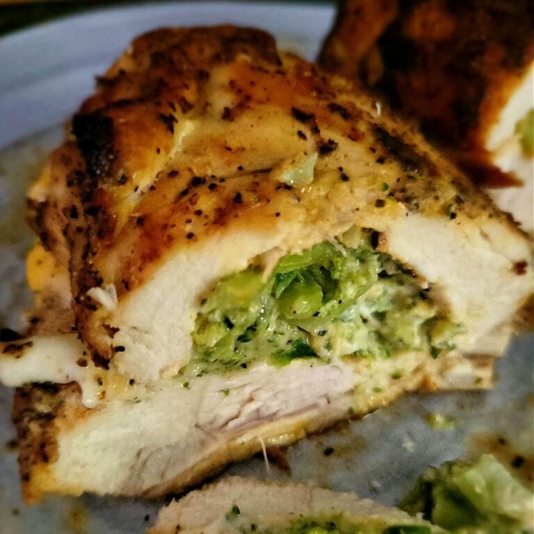 crispy charred chicken breast with broccoli cheese stuffing