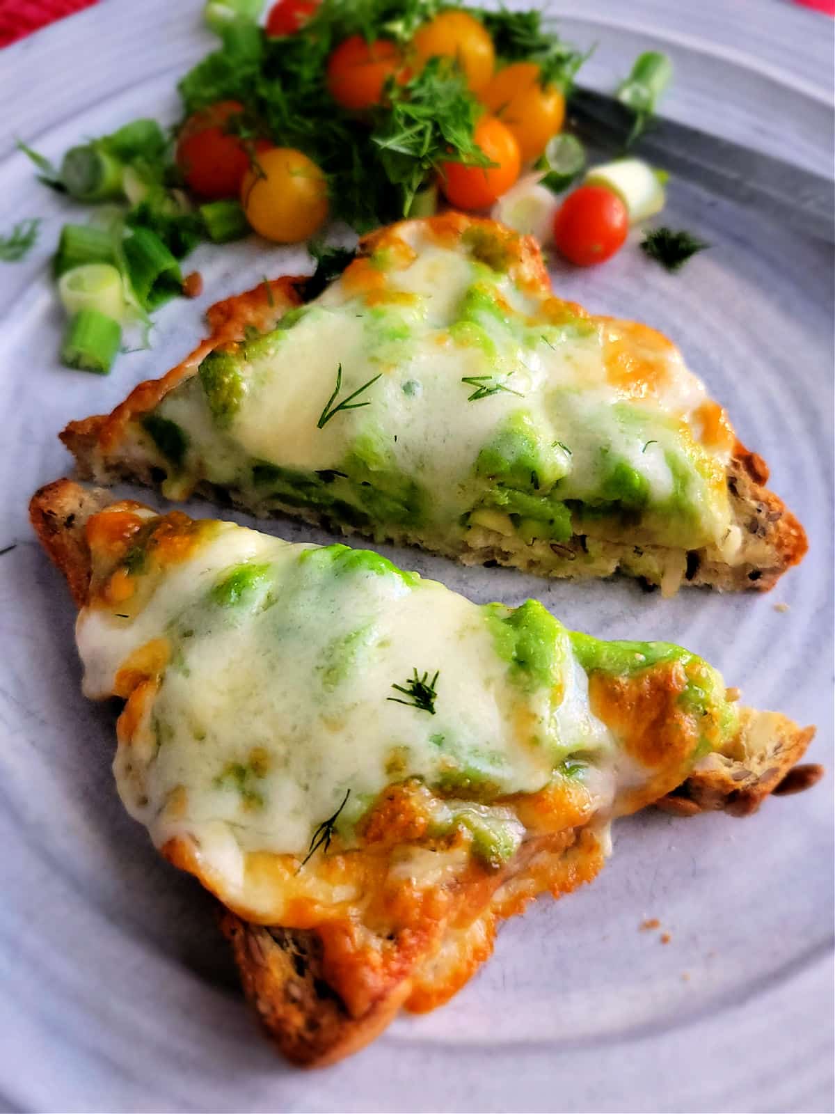 grilled avocado toast with cheese and tomatoes in the air fryer