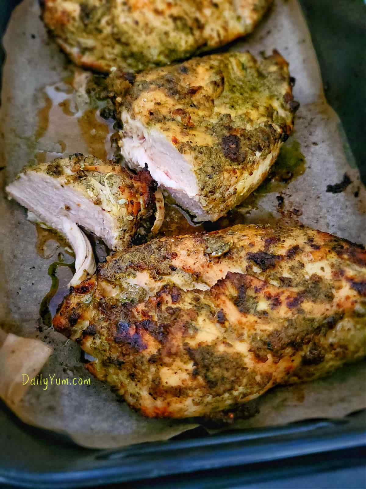 juicy and crispy chicken breast with pesto in air fryer