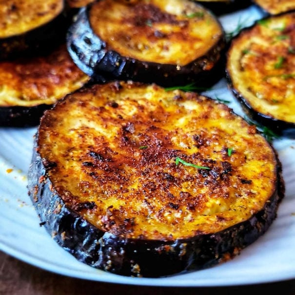 eggplant slices with charred edges