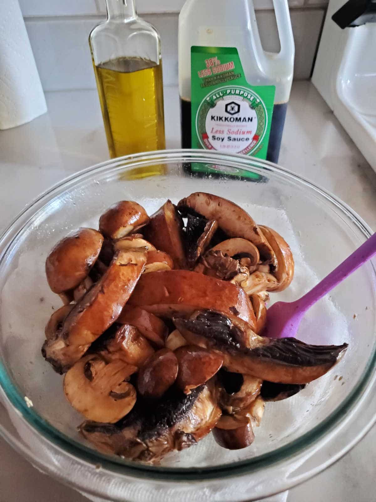 sliced mushrooms with olive oil and soy sauce