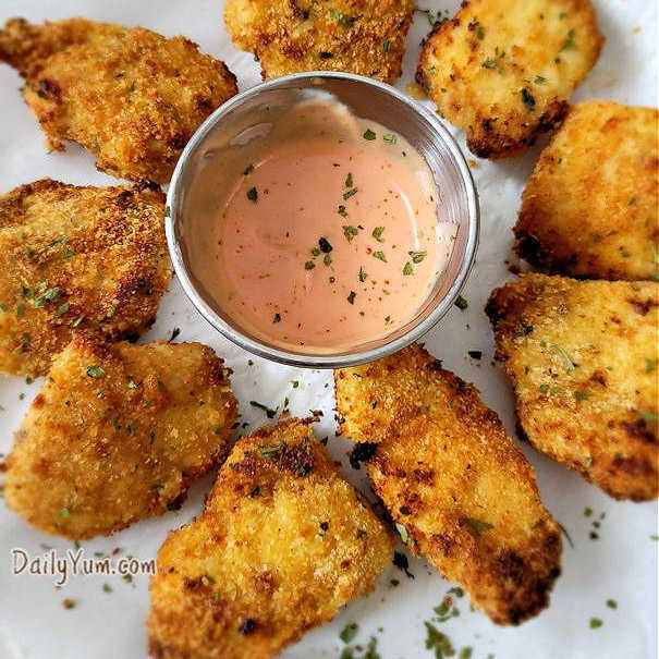 golden brown chicken nuggets with charred edges