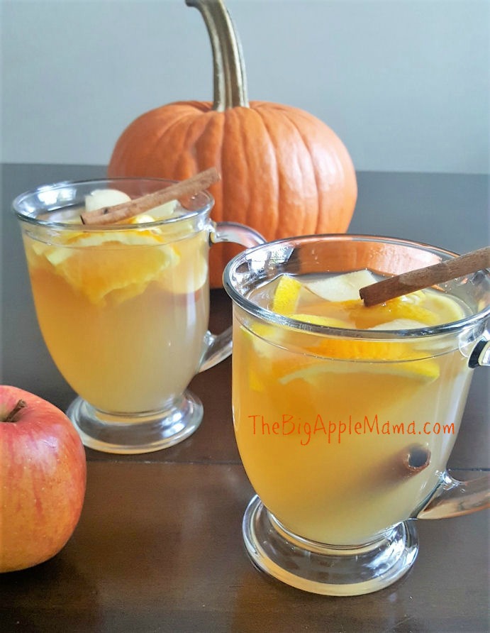 apple cider drink with a slice of orange and cinnamon stick