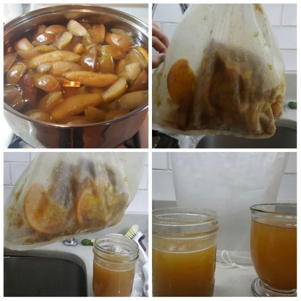 straining apple pulp through a mesh bag
