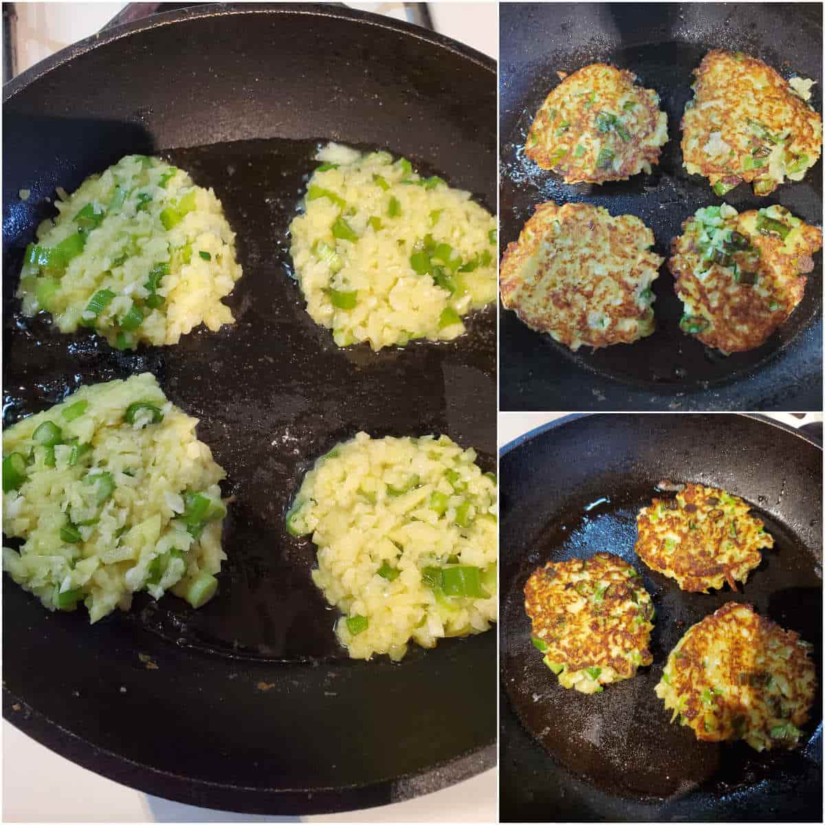 potato pancakes frying in black pan