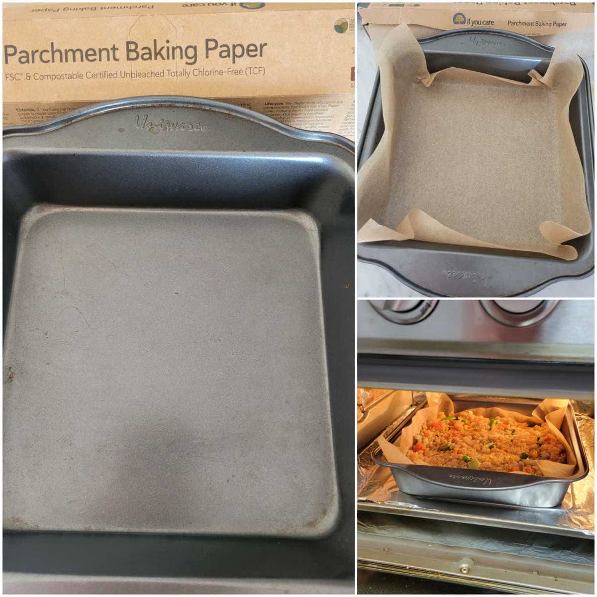 rice in square baking pan, cooked in air fryer
