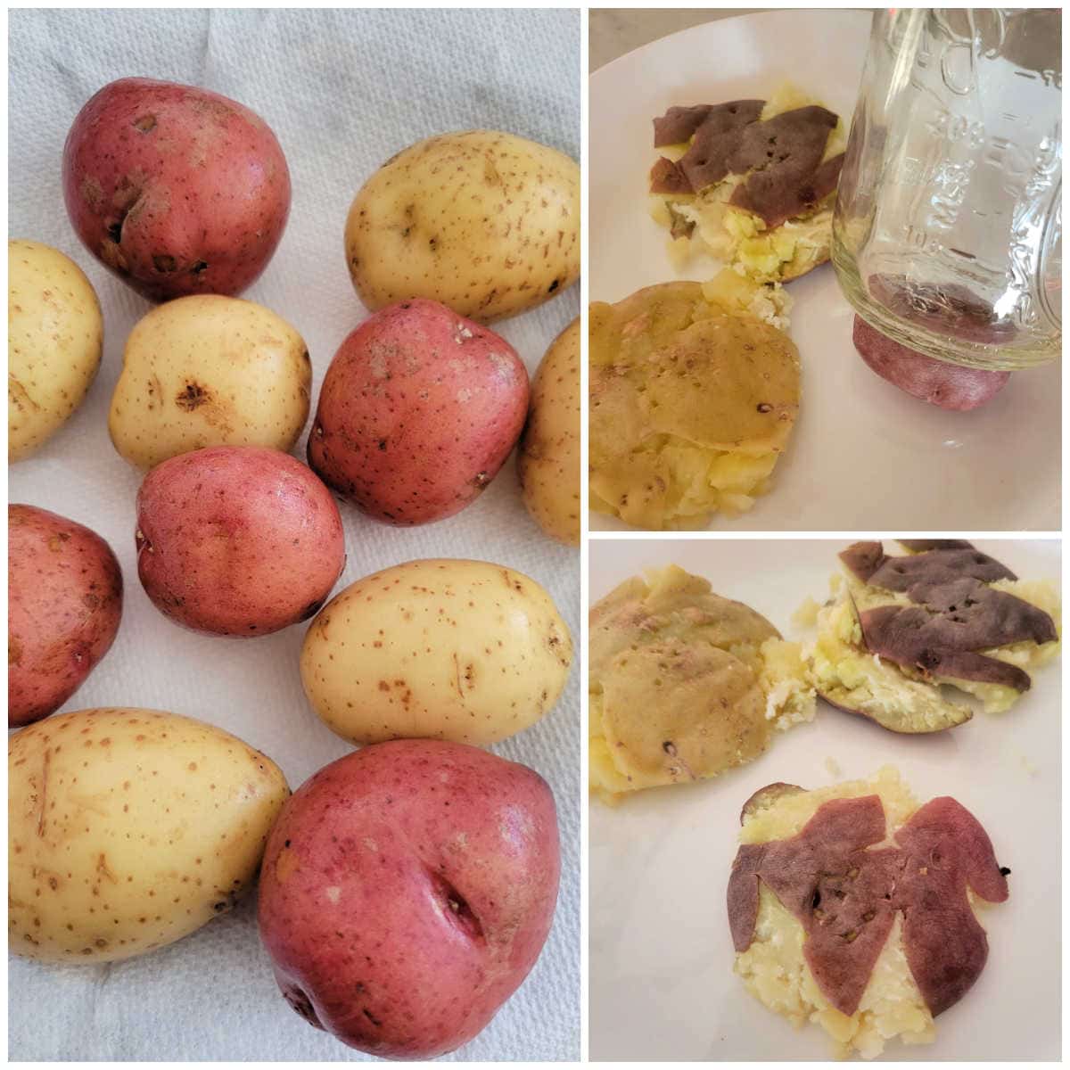 baby potatoes are crushed with a mug
