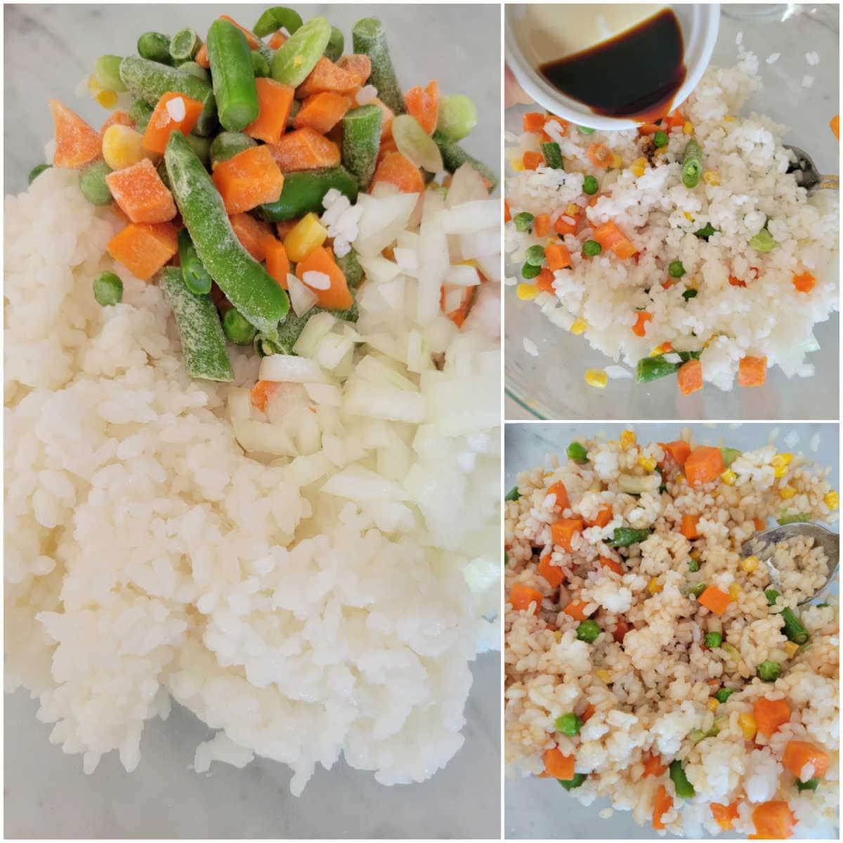 white rice mixed with colorful vegetables