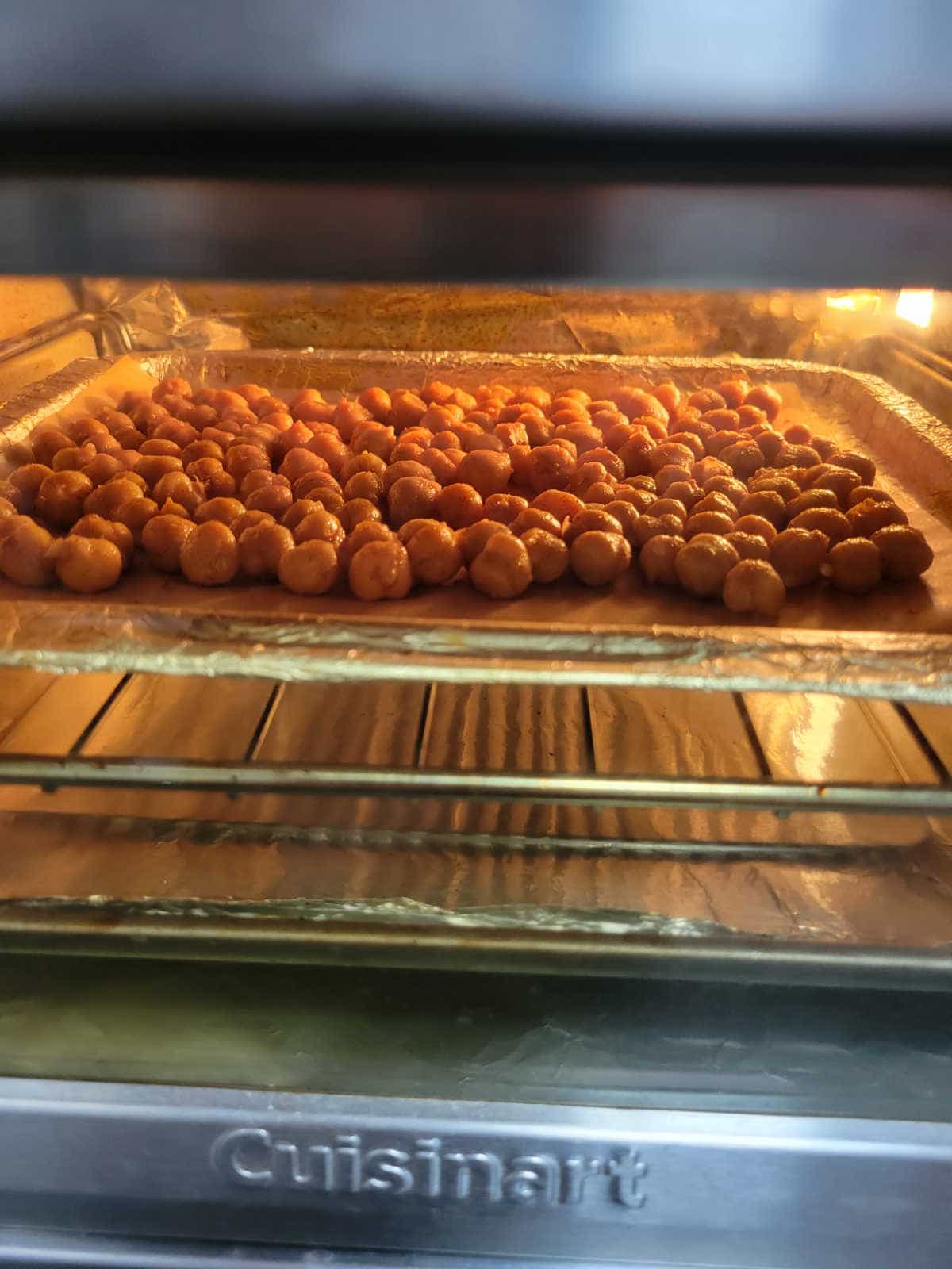 chickpeas on a tray, cooking in the air fryer