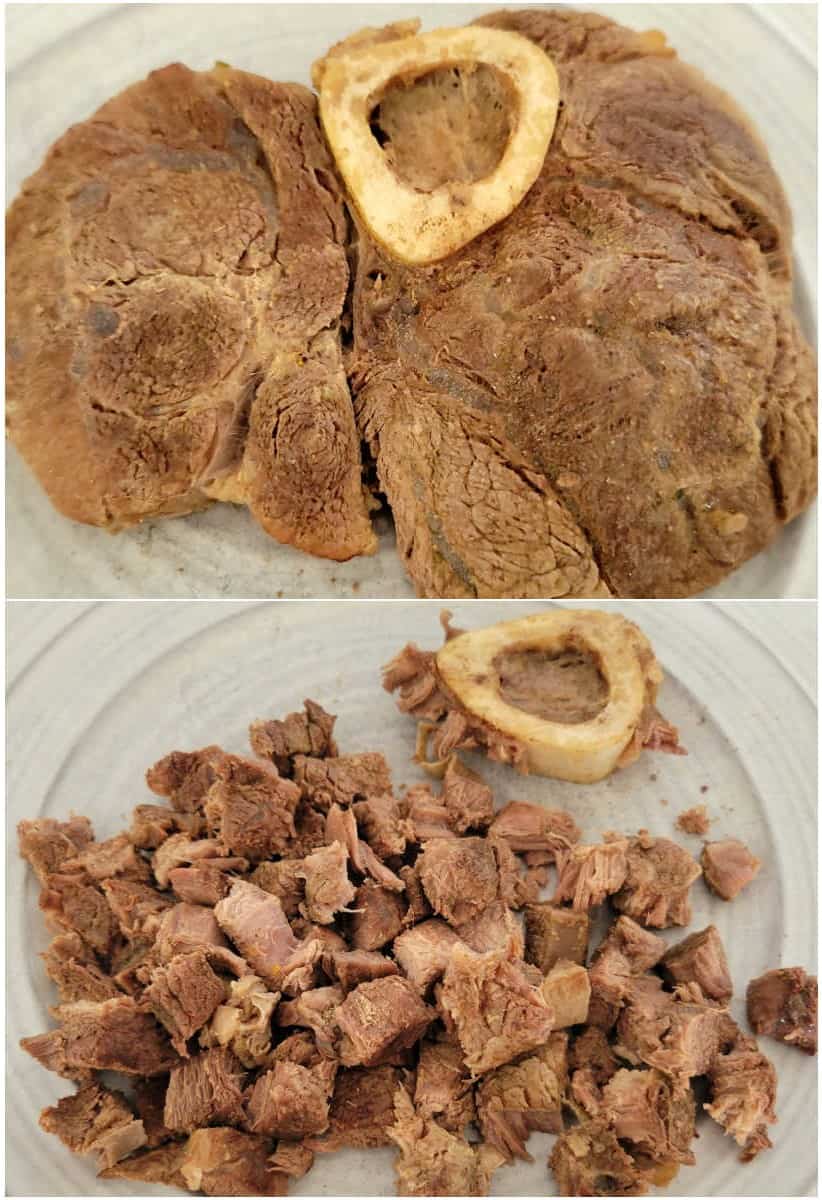 Shredded beef shank ready to be added to borscht soup, showcasing tender, pulled meat with a rich, flavorful texture.