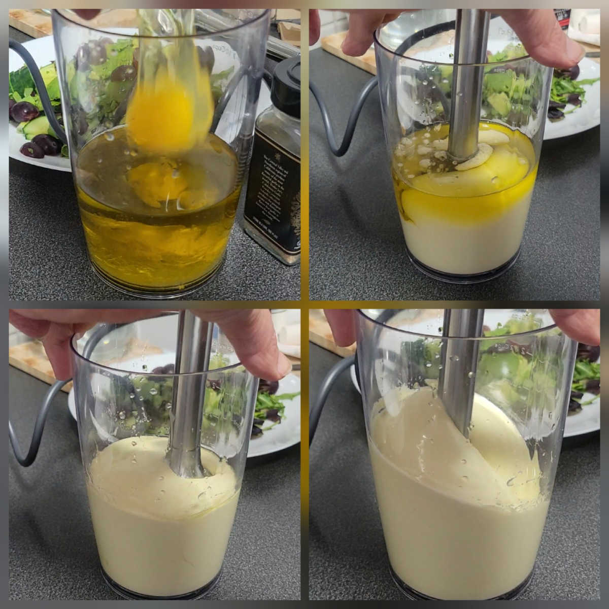 Step-by-step process of making mayonnaise with an immersion blender in a glass jar, showing thick and creamy mayo forming