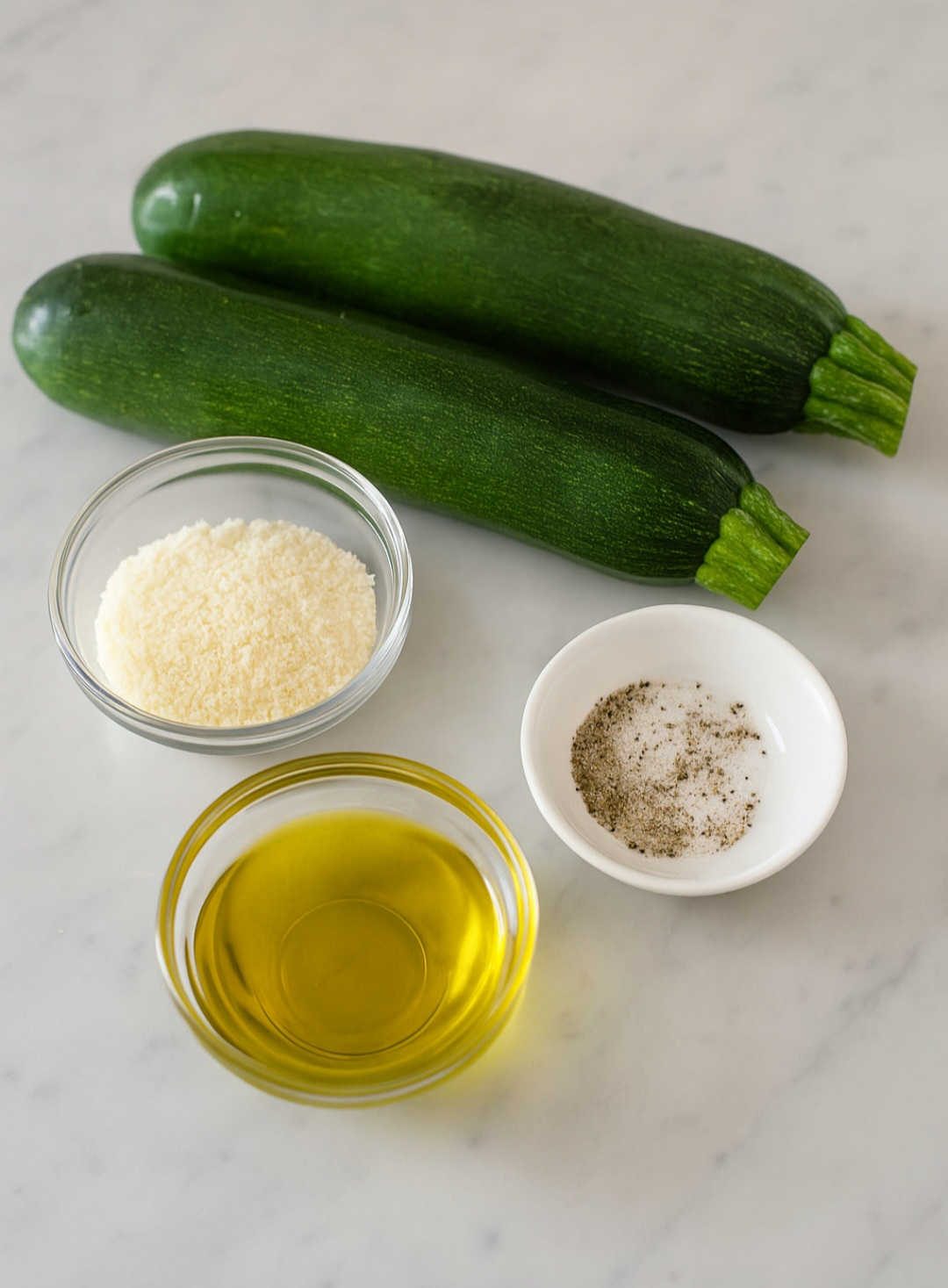 Two whole zucchini with a small bowl of oil and seasoning on a kitchen counter, ready for preparation