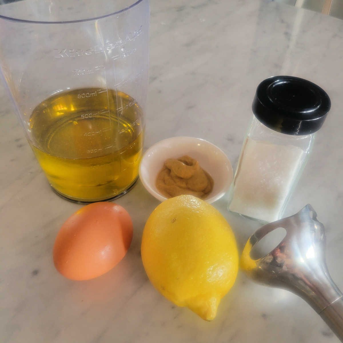 Ingredients for homemade mayo including a fresh egg, lemon, Dijon mustard, sea salt, and light olive oil arranged on a counter, ready to blend